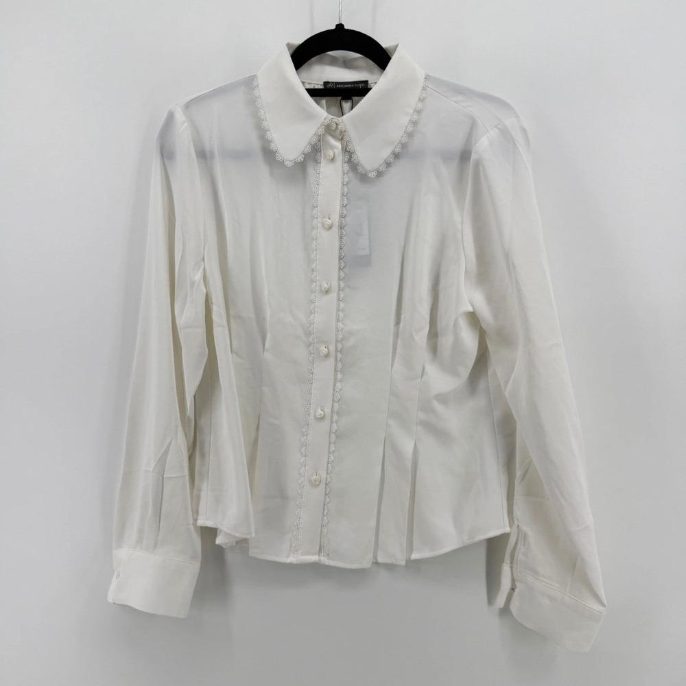 Adrianna Papell Blouse Womens M Lace Trim Polyester Ivory Solid AD1S302825